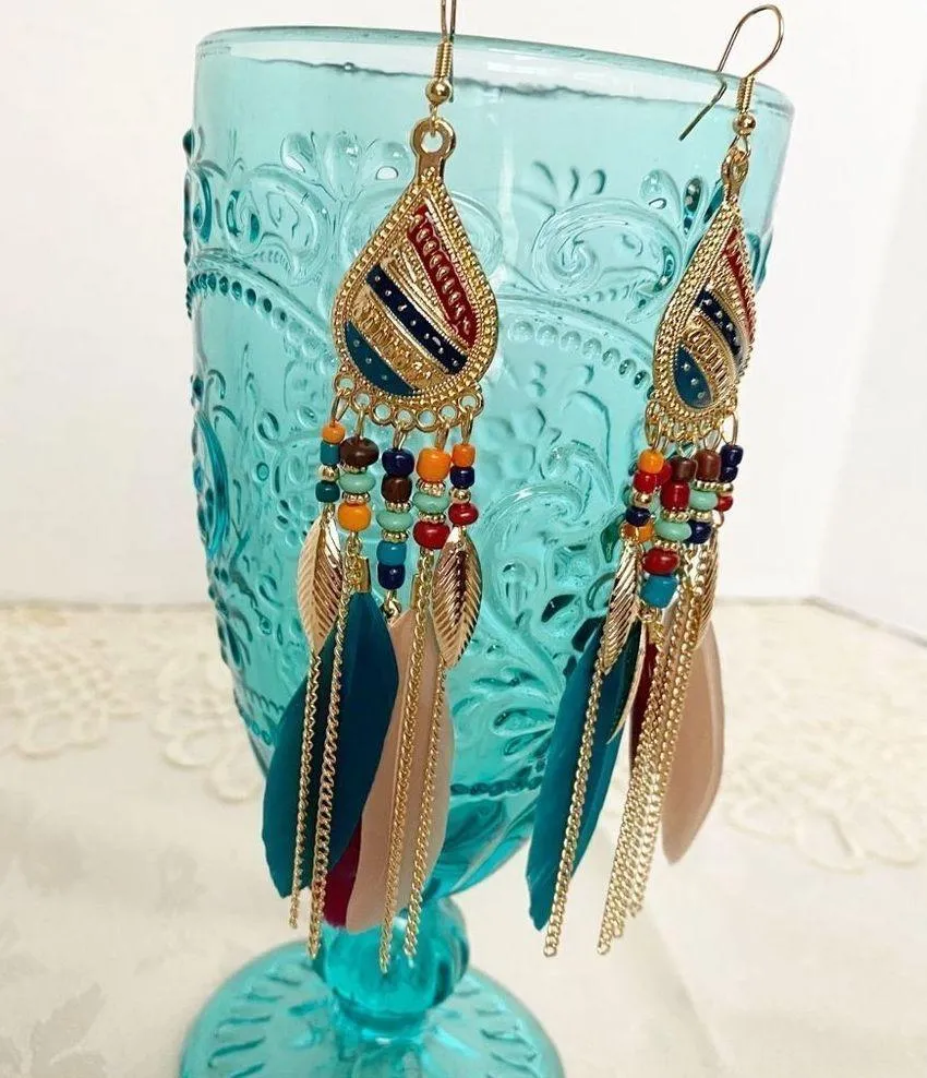 Long Bohemian Feather Chain Earrings Gold - Image 9