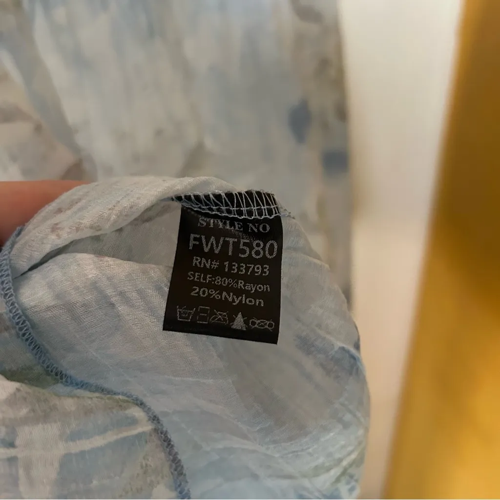 POL Sheer Flutter Sleeve Babydoll Tiered Top Ethereal Romantic Floral Blue Sz L - Image 6