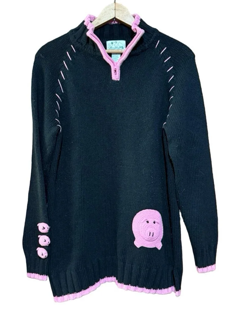 The Quacker Factory Vintage Black Pink Pig Quarter Zip Sweater - Image 1