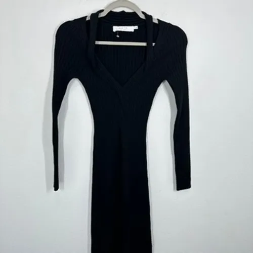 ASTR The Label Black Ribbed Knit Deep V Neck Plunge Midi Dress Size S Bodycon - Image 3