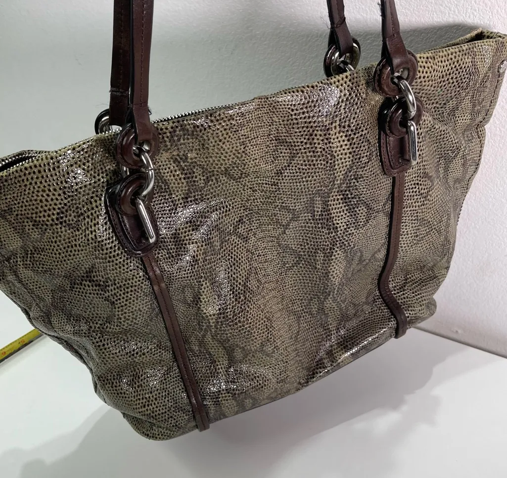 Tumi Snake Print Large Tote Shoulder Handbag Leather Trim Chain Organization Brown - Image 1