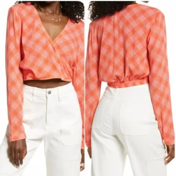 NWT BP by Nordstrom Long Sleeve Orange Plaid Crop Top - Size: Medium - Image 2