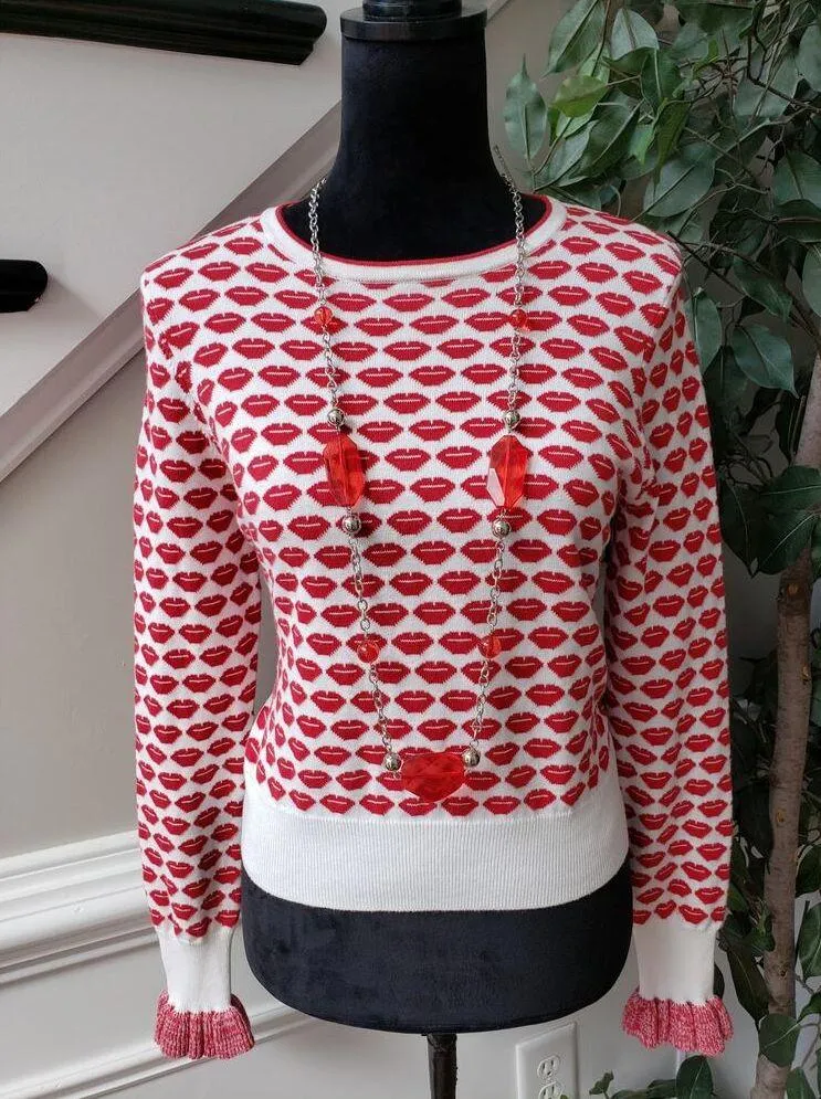 French Connection Sweater Womens Large Red Kiss Print Coquette Cropped Knit - Image 2