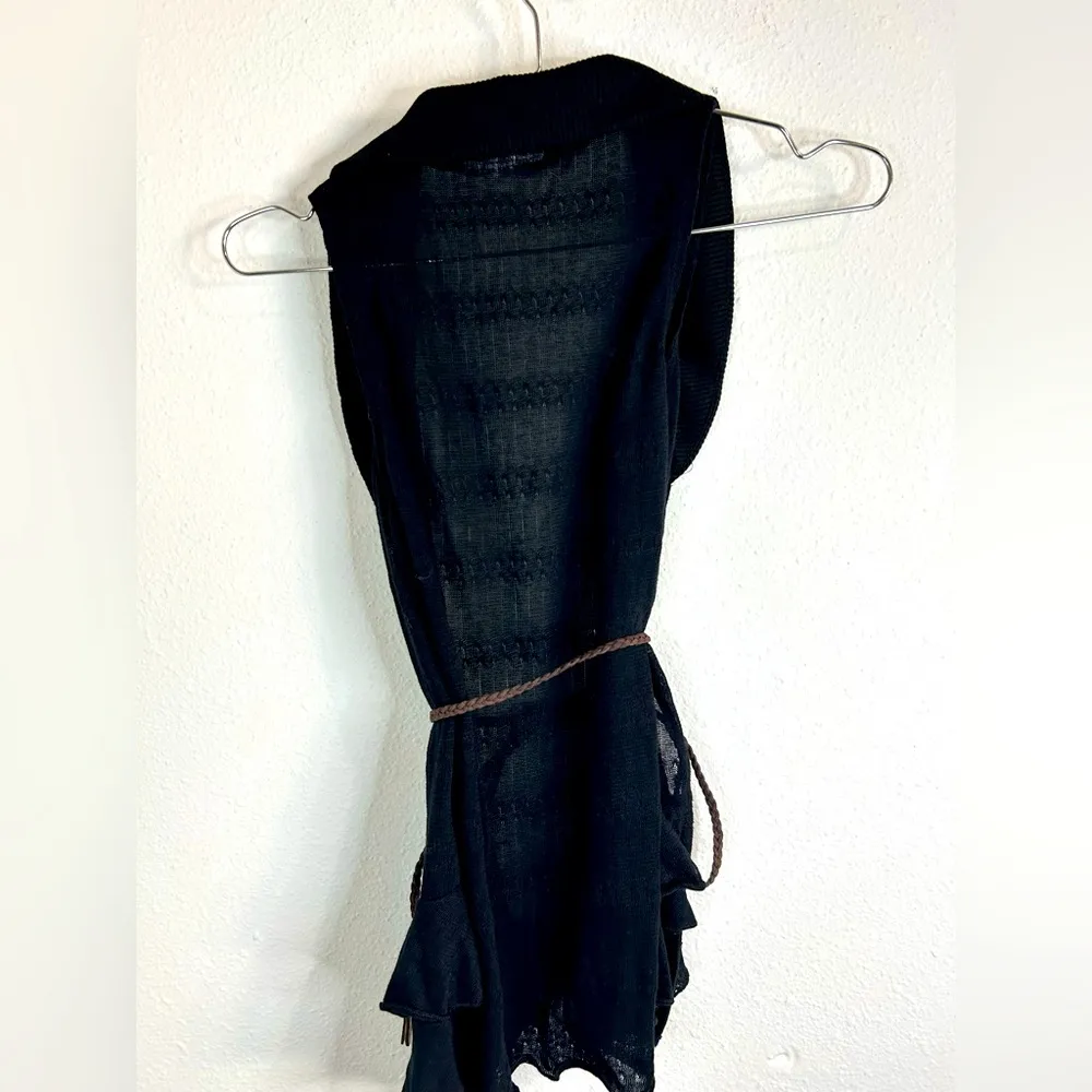 Belle du Jour Black Drape Vest Top S Boho Knit Sleeveless Open Belted Ruffle Hem - Image 9