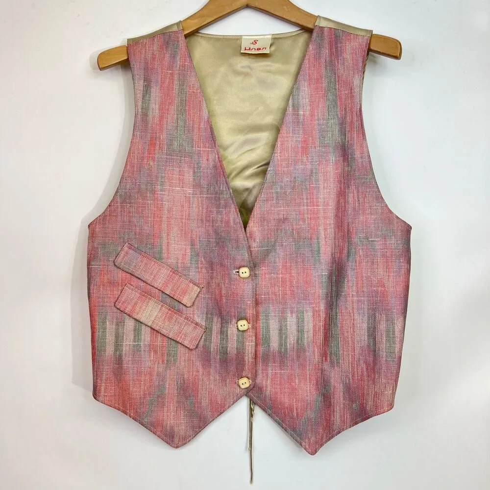 Vintage Linen Vest Pastel Aztec Small Western Button Up 90s Pink Retro - Image 6