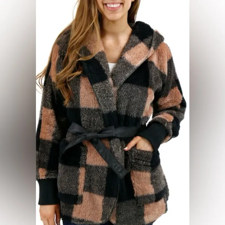 Fleece Tan/Black Buffalo Plaid Wrap Jacket Buffalo Fleece Plaid Wrap Jacket L/XL Black - Image 8
