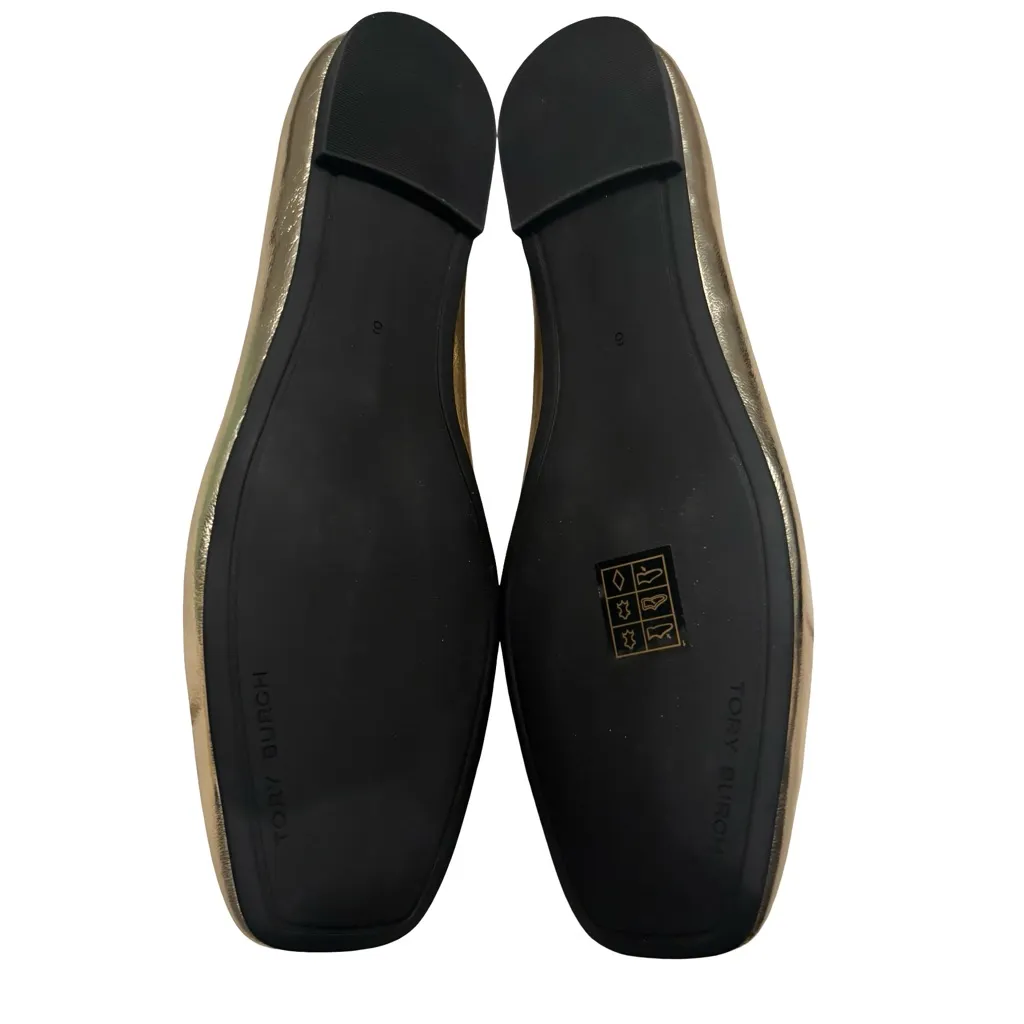 NWOT, Tory Burch Gold Metallic Square Toe Double T Logo Ballet Flats, Sz 6 - Image 15