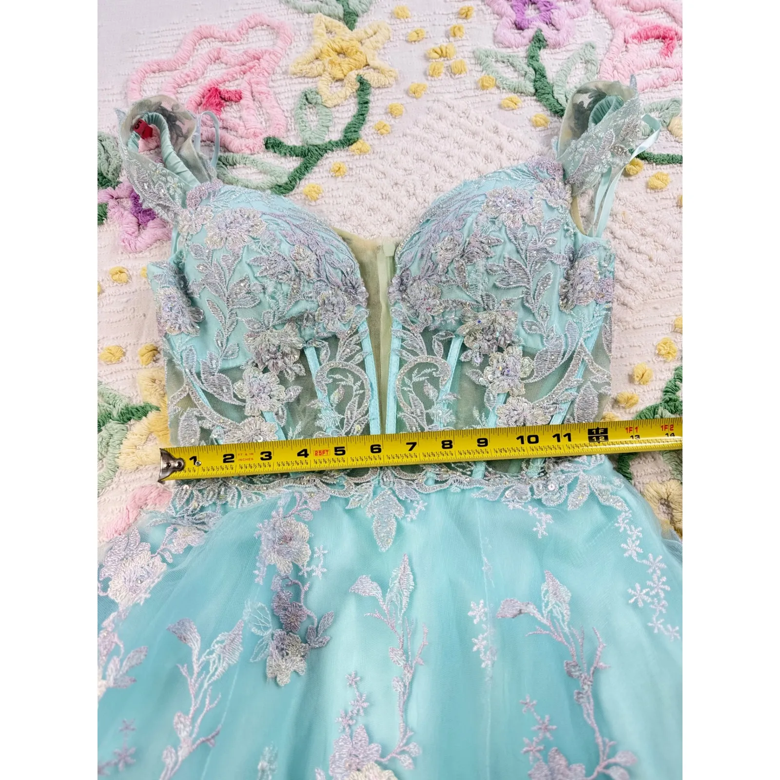 Morrell Maxie Size 4 Aqua White Floral Lace Off Shoulder Formal‎ Gown Blue - Image 9