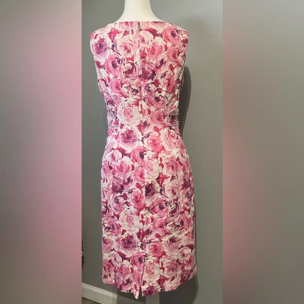 Adrianna Papell Pink Rose Floral Sheath Dress Sleeveless V-Neck Pleated - Image 4