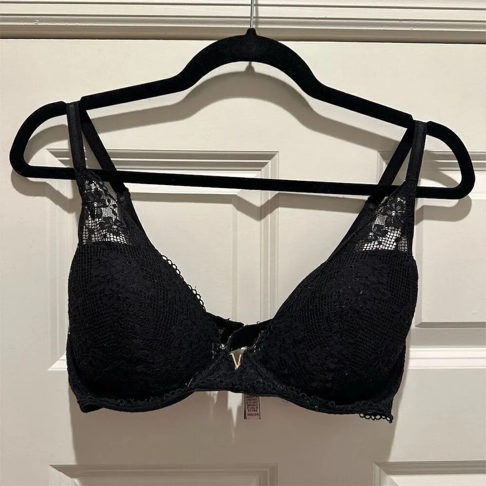 Victoria's Secret Black Lace Plunge Bra Gold V-Detail Women 34DD - Image 7
