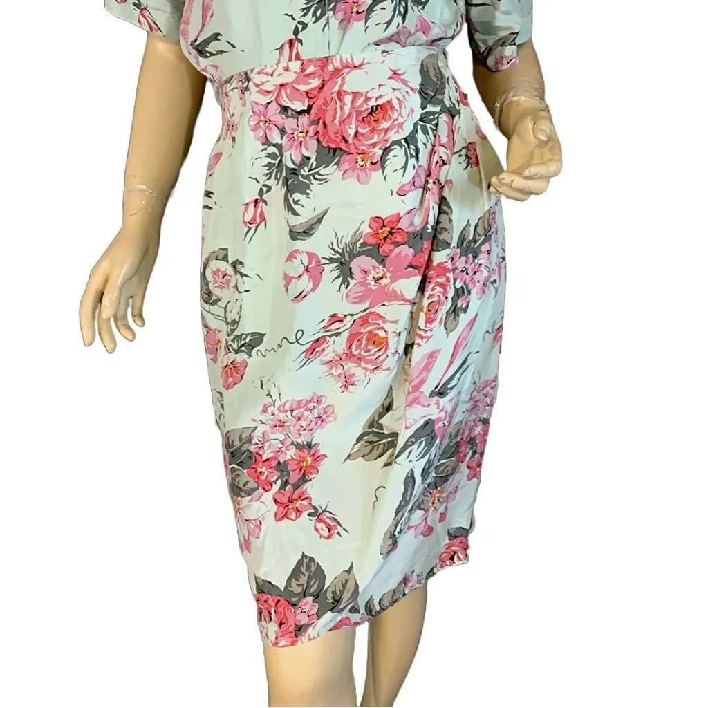 VINTAGE CAROLE LITTLE MINTY GREEN & PINK FLORAL PRINT SILK SKIRT SET (4) - Image 8