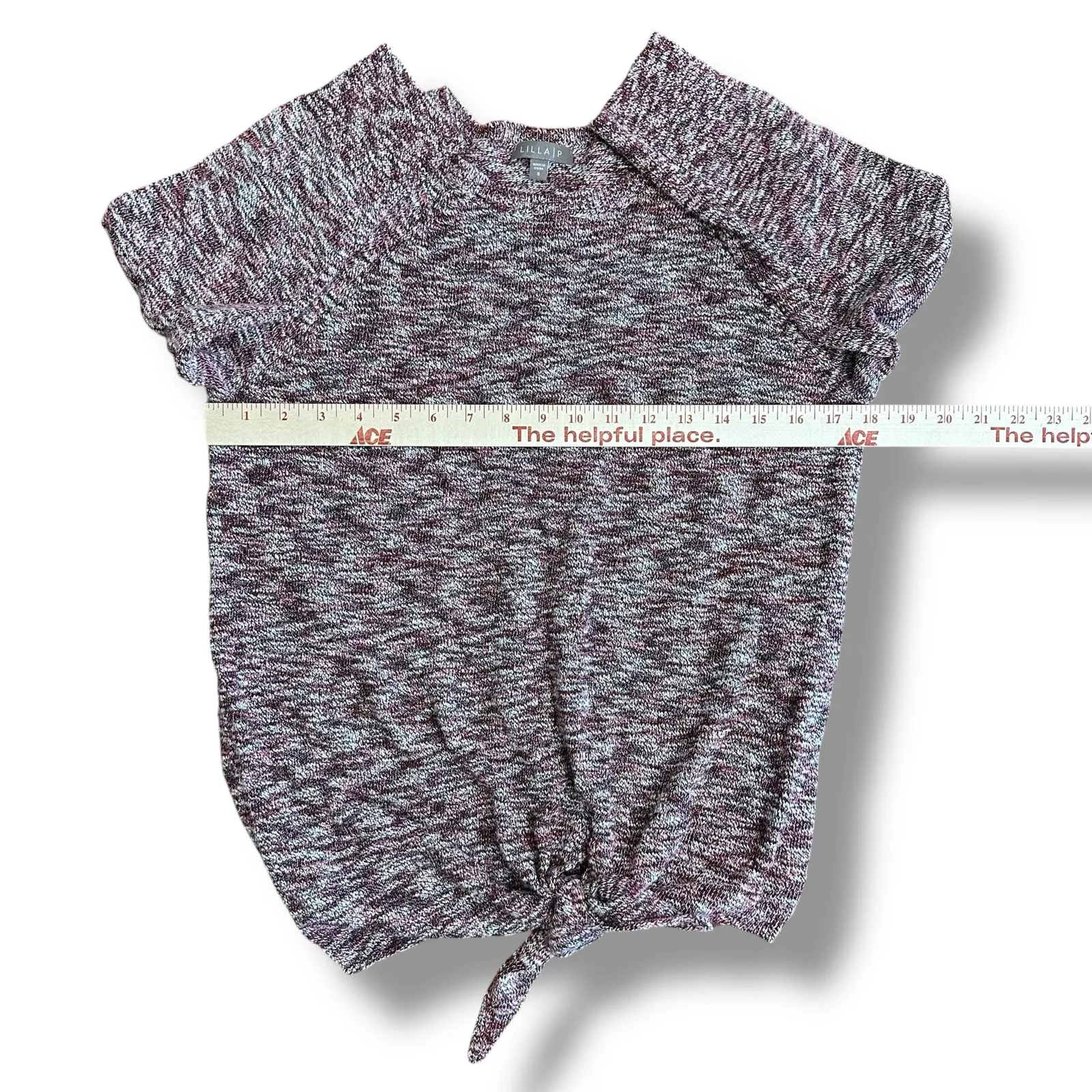 Lilla P Tie Front Sweater Small Marled Knit 3/4 Sleeve Burgundy‎ White Black - Image 3