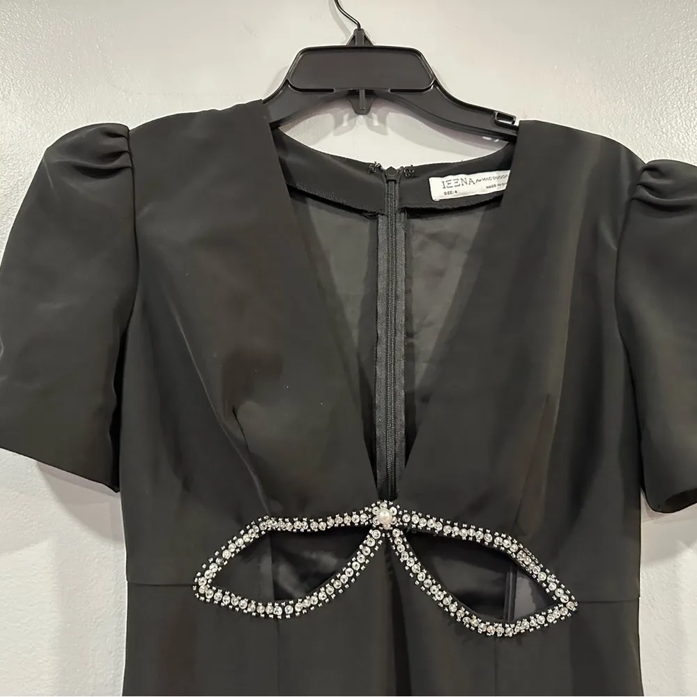 Mac Duggal 2630 Plunge Neck Puff Sleeve Cut Out Gown 4 Black NWT Beaded Sequins - Image 5