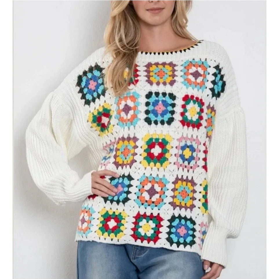 Blue Velvet Brianna Granny Square Knit Long Sleeve Sweater White Multi Small NWT - Image 1