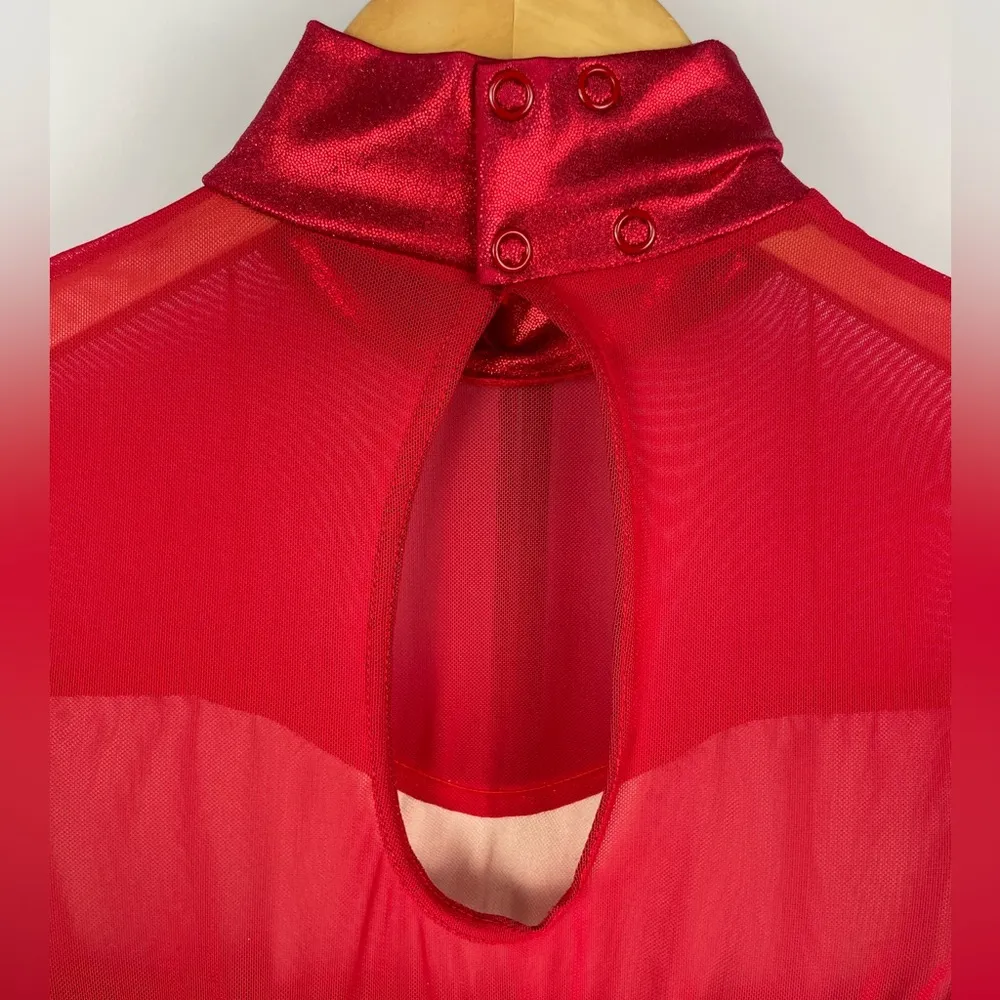 Balera Red Dancewear Sequin and Mesh Long Sleeve Biketard Romper - Image 7