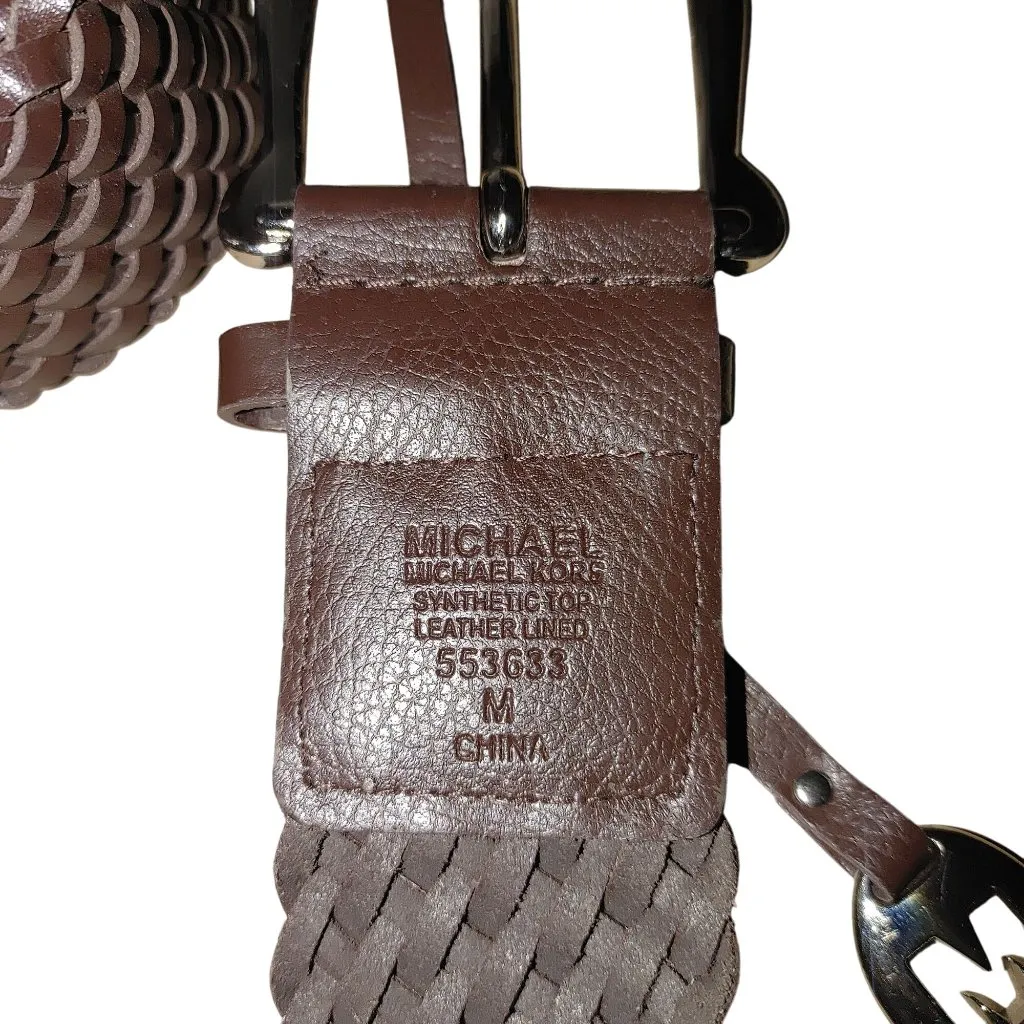 Michael Kors Belt Woven Braided Size Medium Dark Brown Leather Silver Buckle - Image 5