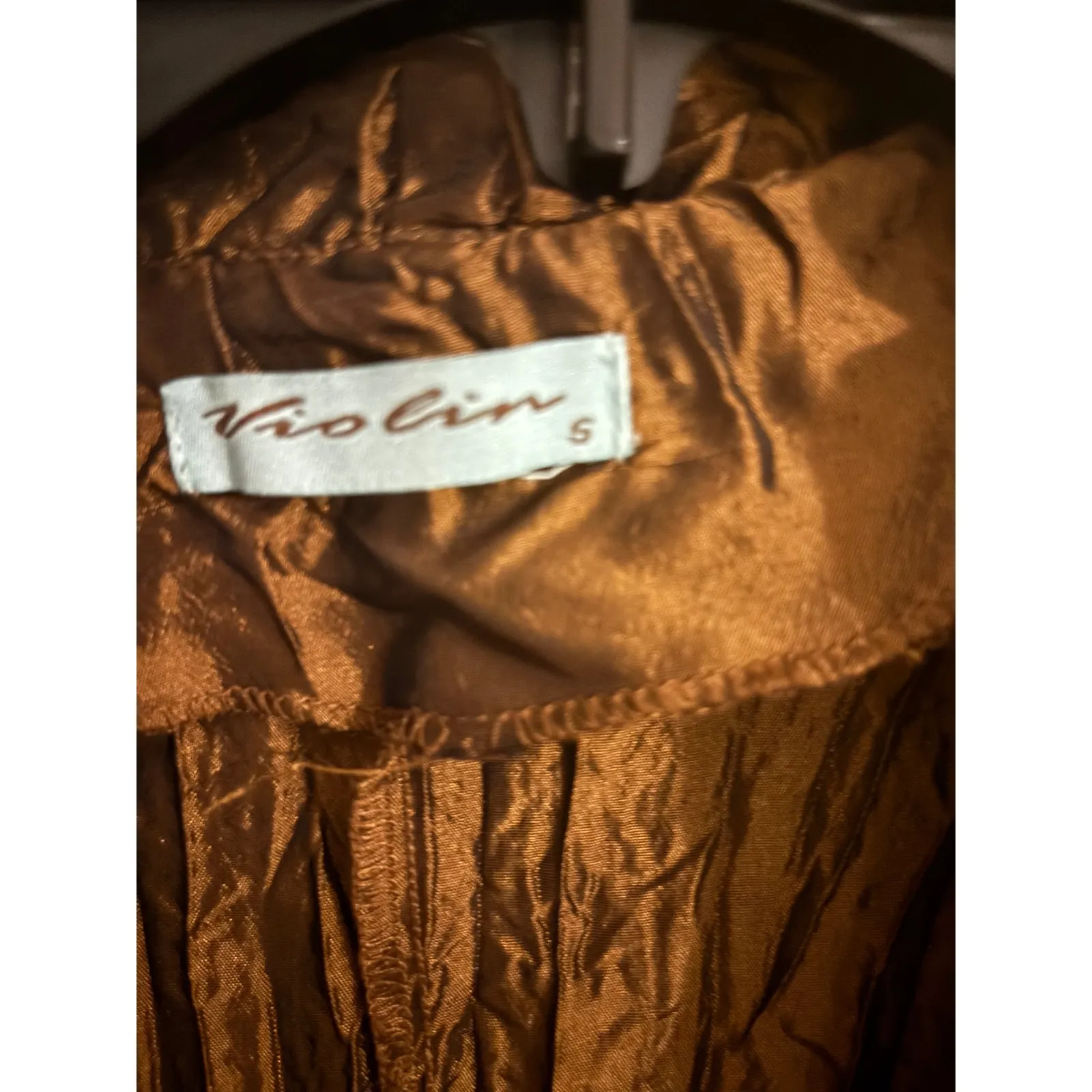 VIOLIN Women's Brown Crinkle Pleated Long Sleeve Button‎ Up Shirt Top Size S - Image 3