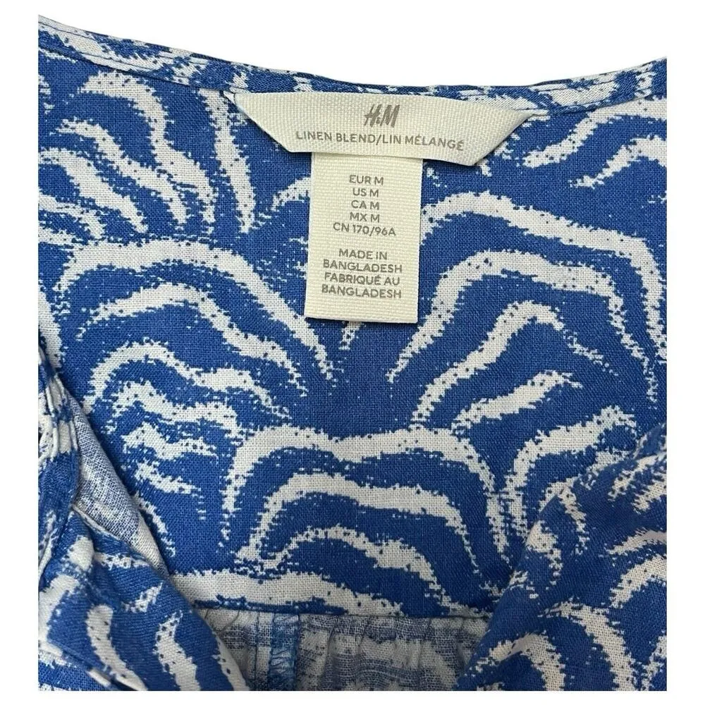H And M Dress Womens M Linen Blue White V Neck Long Sleeve Geometric Full Button - Image 3