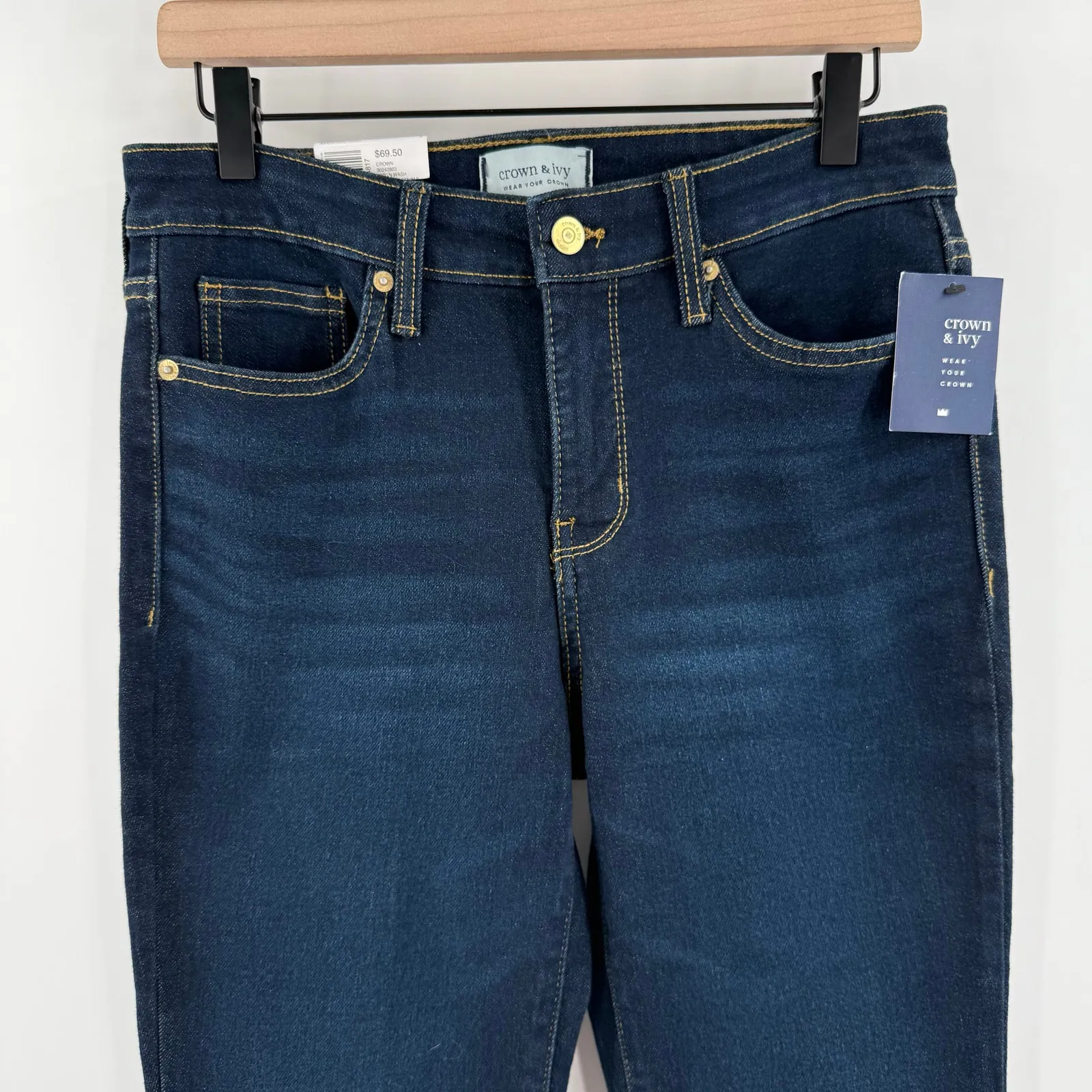 Crown & Ivy Jeans SZ 4 Jaden Wash High Rise Flare Gold Hem Denim NWT Cotton - Image 5