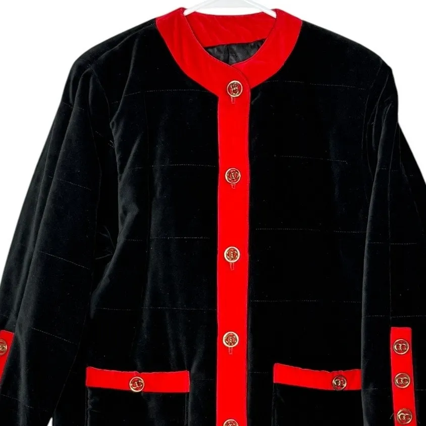 Vintage 80s Cattiva Velvet Quilted Coat Black Red Trim Gold Buttons Sz Small - Image 4