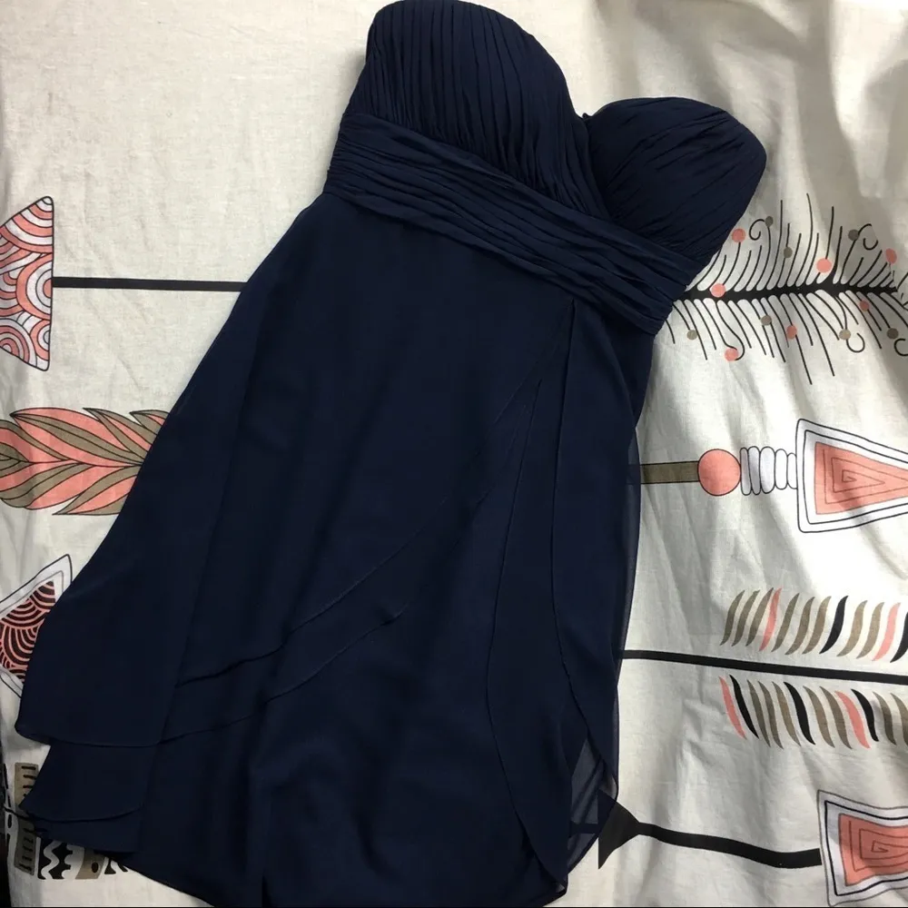 Bill Levkoff Navy Strapless Knee Length Dress Formal Chiffon Flowy Dress  8 - Image 2