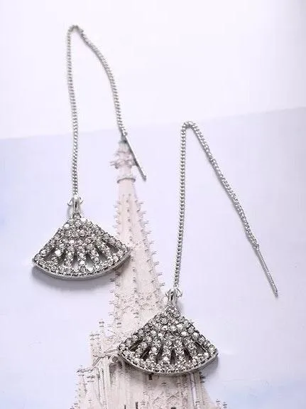 Crystal Fan Shaped Tassel Pearl Drop Earrings Silver - Image 9