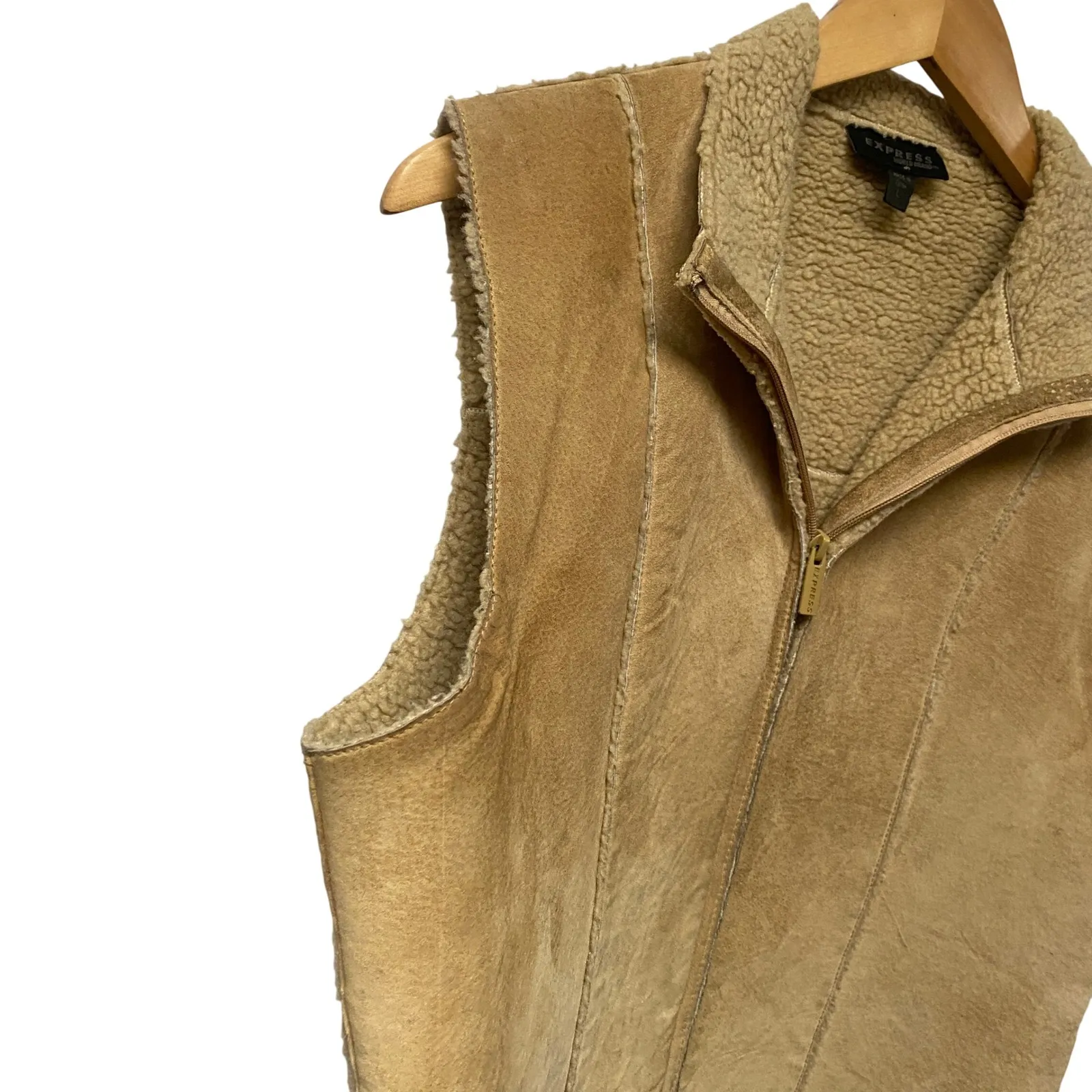 Vintage Y2K EXPRESS Suede Sherpa Lined Zip Vest Tan Brown Women's Size L Capsule - Image 8