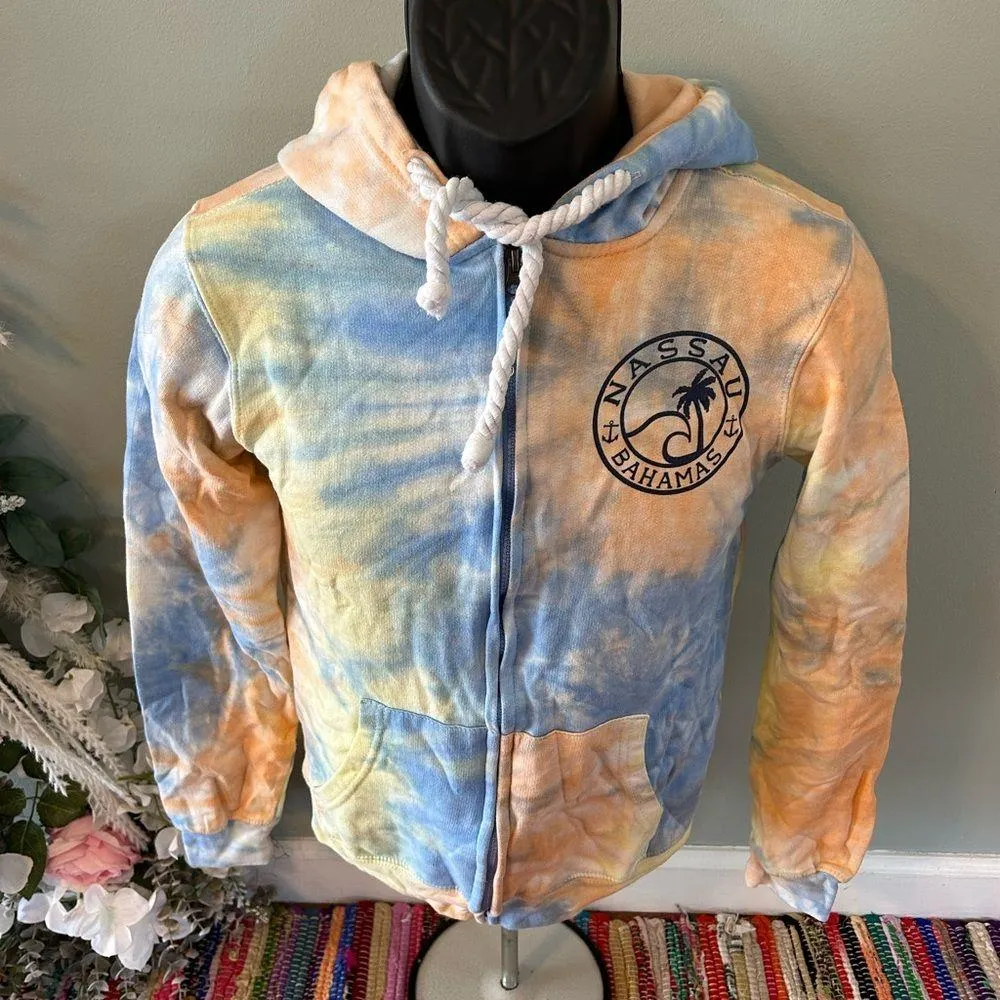 Nassau Bahamas Tie Dye Hoodie Sweatshirt Full Zip Ocean Wave Palm Tree Small Blue - Image 2