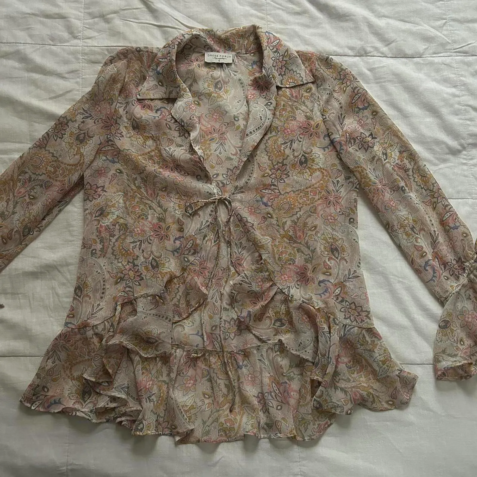 Dress Forum Pink blue sheer floral blouse with ruffles and tie front Size small - Image 6