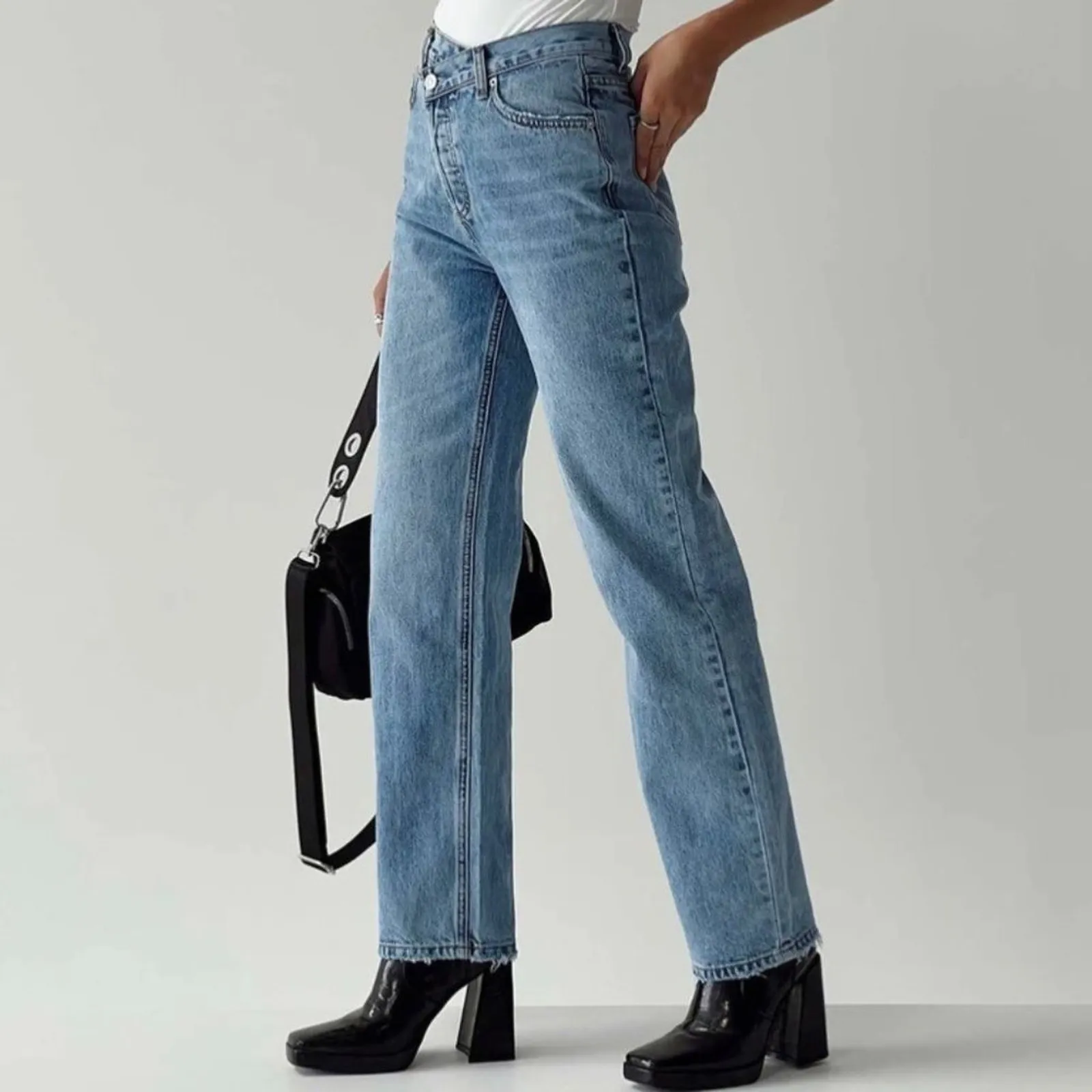 Princess Polly Asymmetrical Straight Leg Jeans Light Wash Denim Button Fly SZ 0 - Image 10