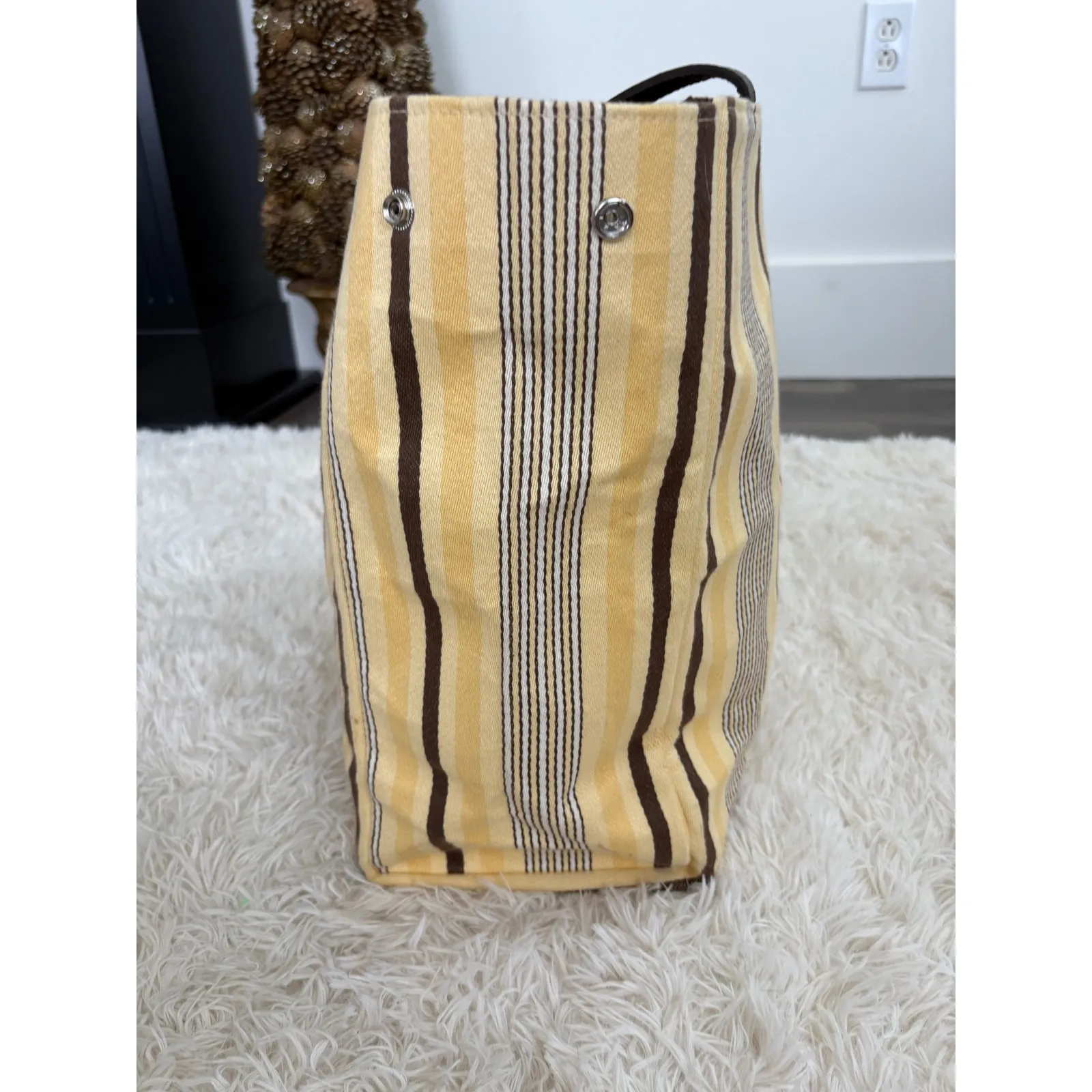 Restoration hardwareStriped Canvas Tote Bag Large Yellow Brown Snap Closure - Image 3