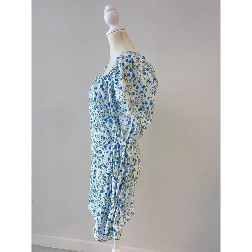 ASOS DESIGN long ruched sleeve mini dress in blue floral print  size US 6 - Image 4