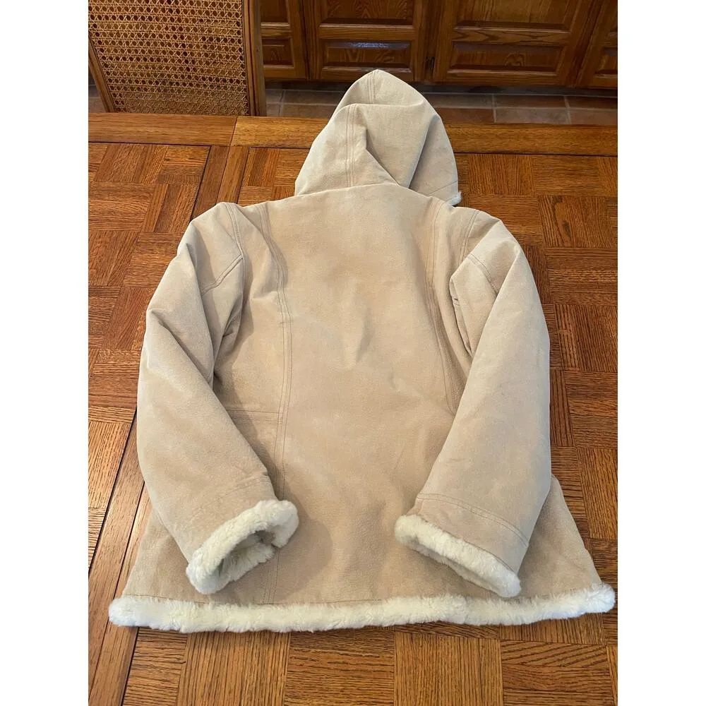 STATIC SHERPA LINED SUEDE ZIP UP HOODED JACKET Tan Size M - Image 6