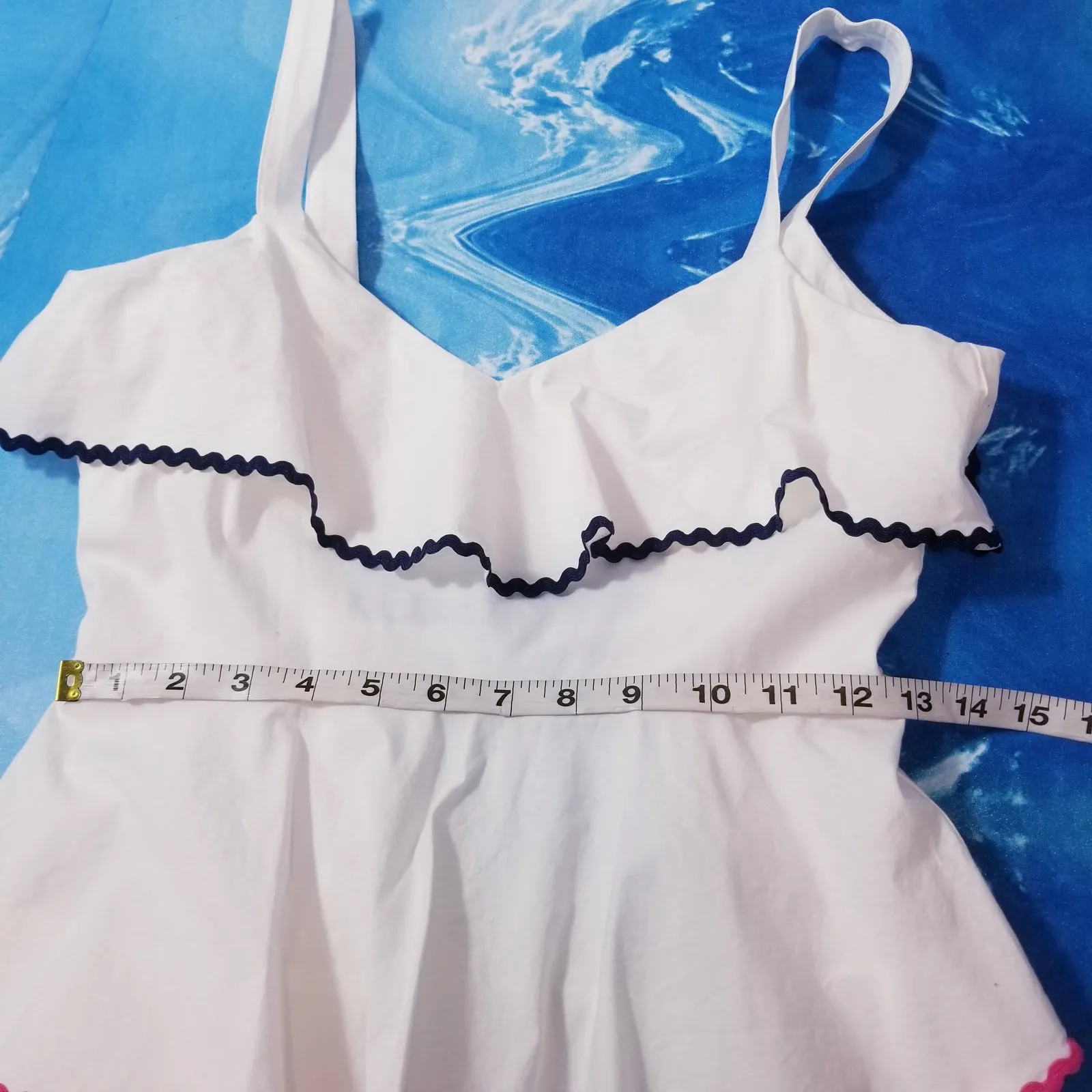 WAYF Whited Ruffle Babydoll Tiered Dress w/ Color Pop Rickrack Trim - Image 7