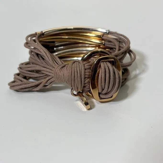 Gillian Julius RB2M Multi Strand Cord Bracelet Taupe Metal Tube Gold Silver Tone Tan - Image 3
