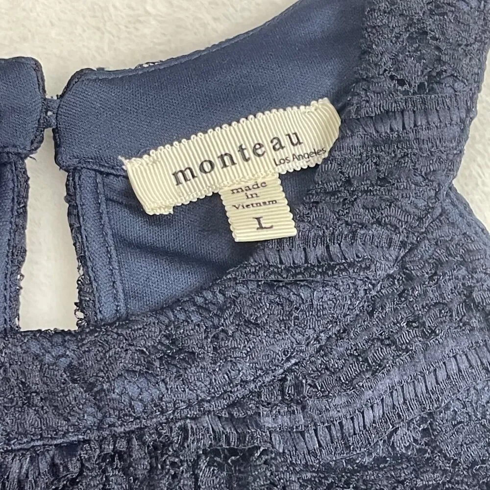 Monteau Lace Blouse Women's Size Large Sleeveless Layered Navy Blue Professional - Image 4