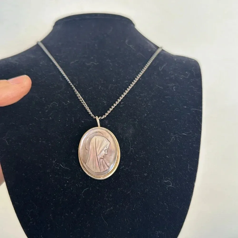 Sterling silver and carved abalone shell Virgin Mary necklace or brooch pin - Image 2