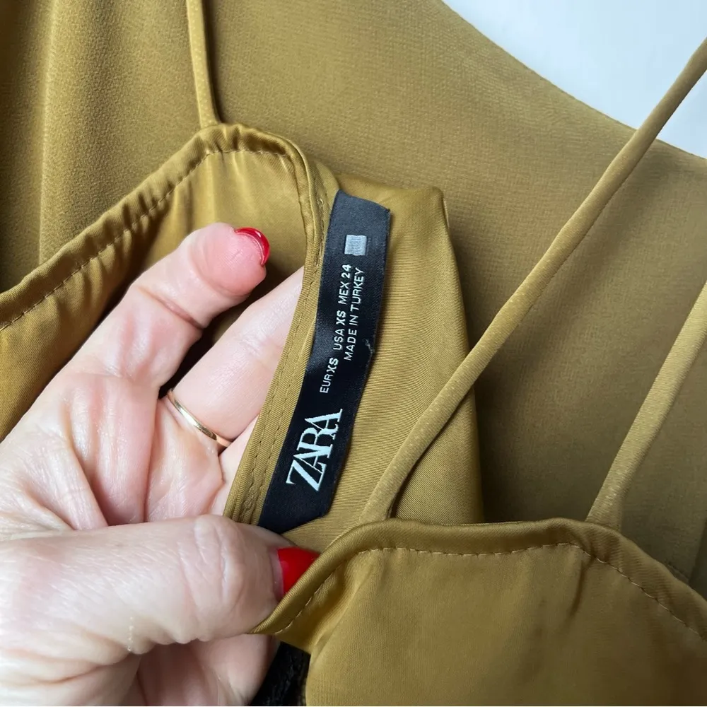 Zara Gold Satin & Black Lace Asymmetric Midi Slip Dress XS - Image 10