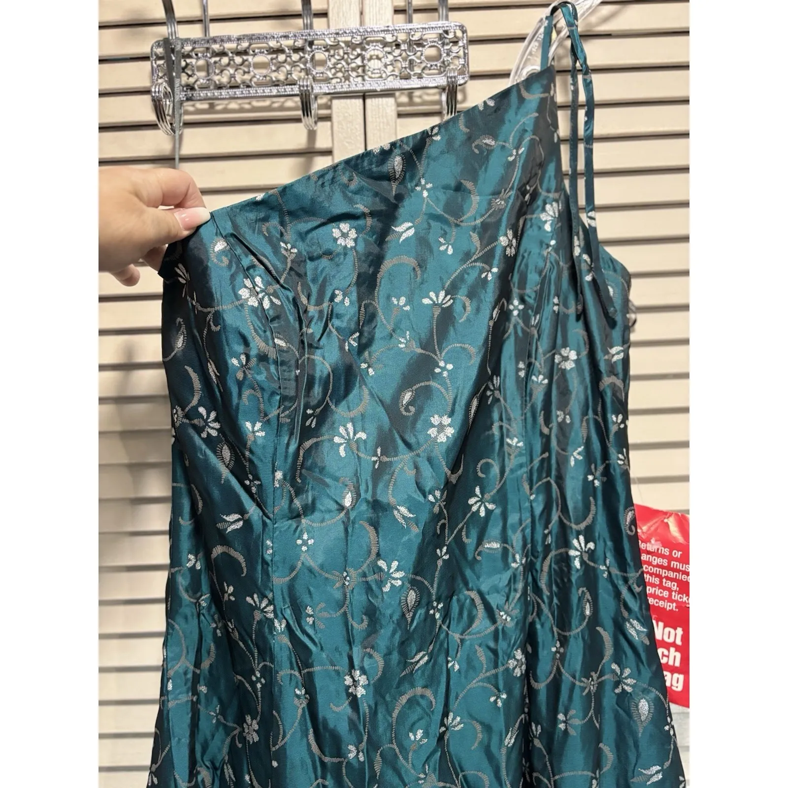 Night Way Green Embroidered Floral Taffeta Long Formal Dress NWT 12 One Shoulder - Image 2