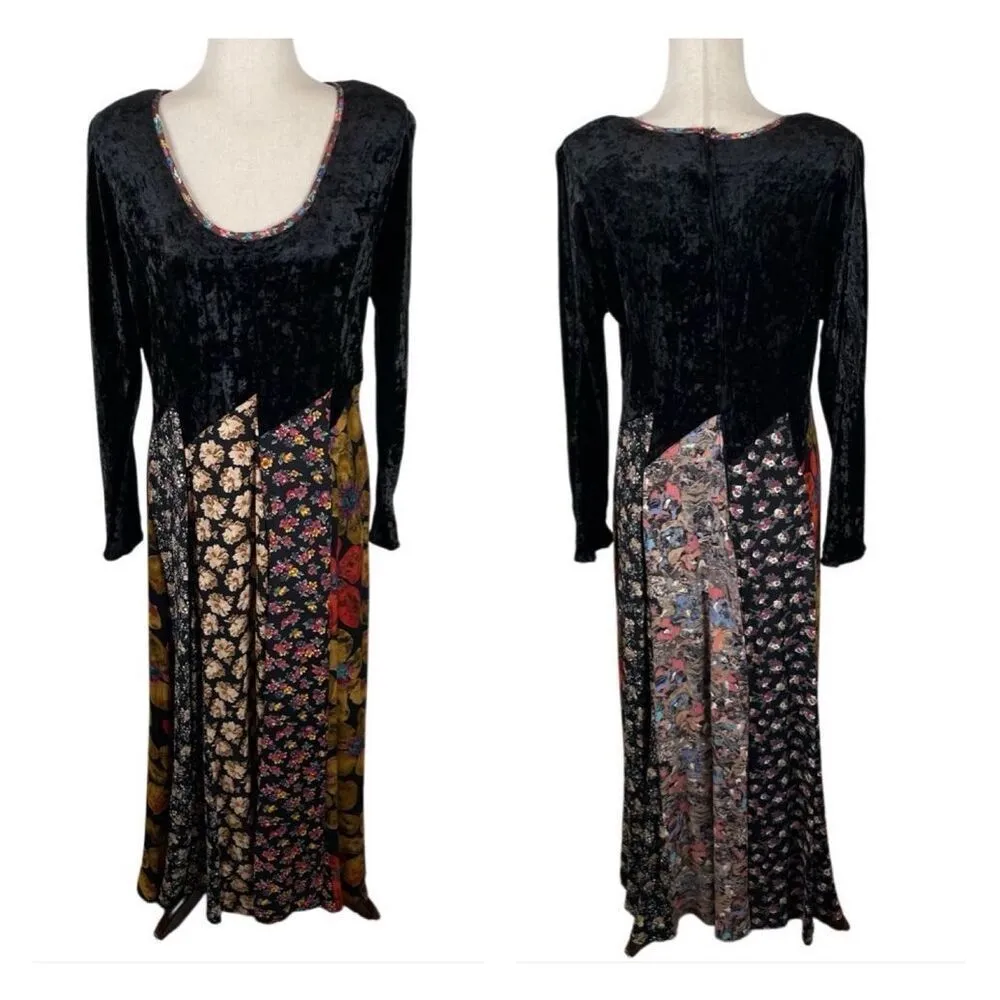 Vintage Handmade Patchwork Whimsygoth Hippie Maxi Dress Long Sleeve Velvet - Image 2