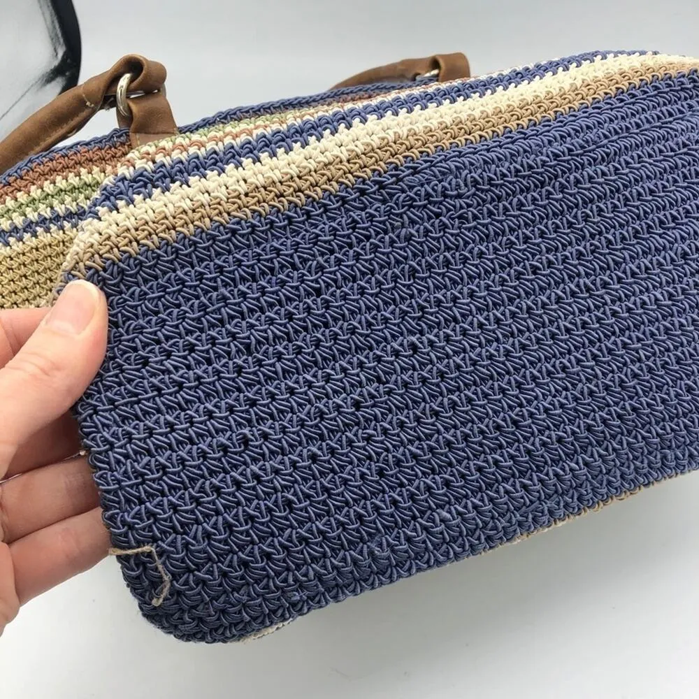 Blue & Tan Woven Shoulder Handbag Faux Leather Straps Beachy Hobo Boho Bag - Image 3