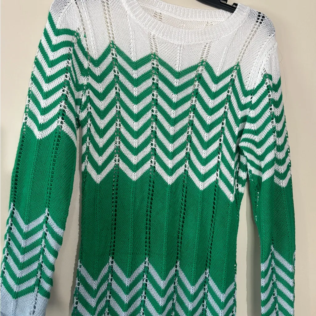 Chevron Knit Long Sleeve Dress hollow knit Green Size L - Image 3