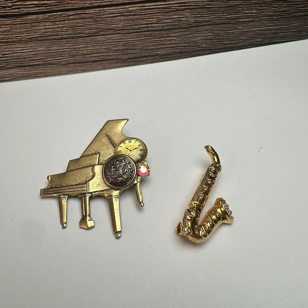 Piano & Saxophone Musical Instruments Lot Of 2 Brooch Pin Rhinestone / Gold Tone - Image 12