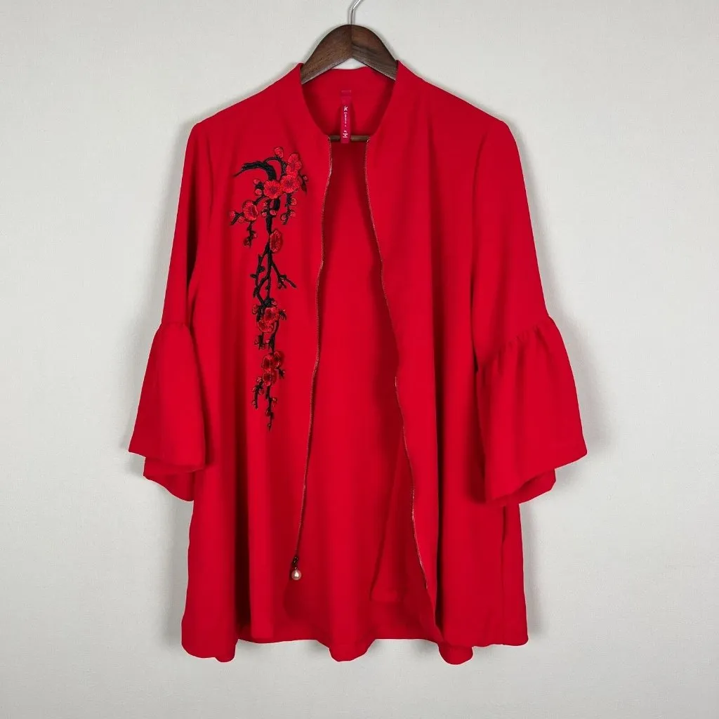 IC By Connie K Swing Jacket Womens‎ XL Red Full Zip Embroidered 3/4 Bell Sleeve - Image 11