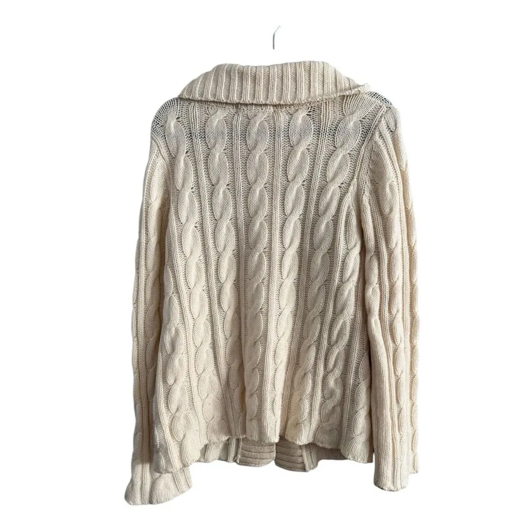 Eddie Bauer Ivory Chunky Cable Knit Button Front Fishermans Wool Sweater Medium - Image 2