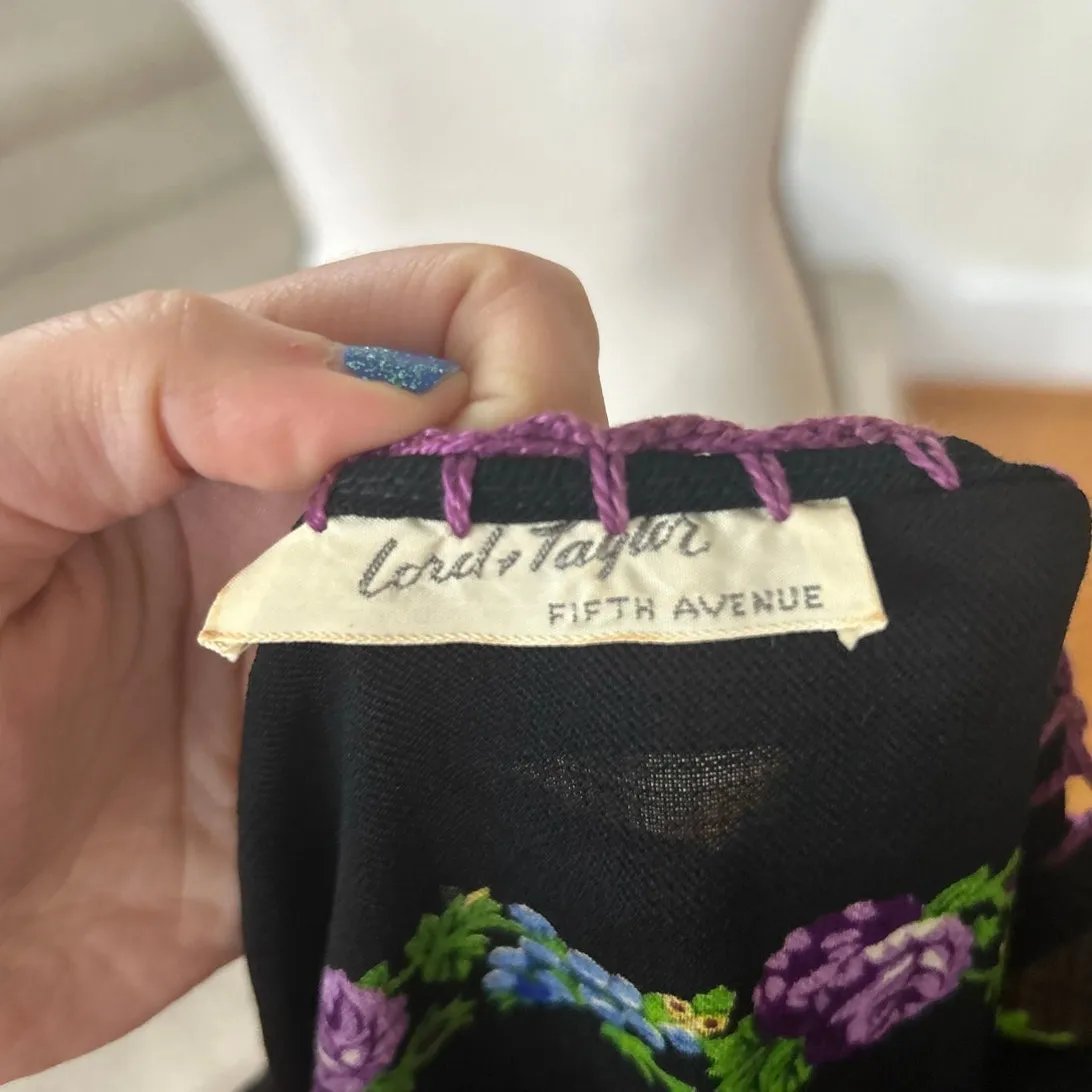 Vintage 60s 70s Lord & Taylor Black Blouson Purple Floral Mini Dress Cottage - Image 3