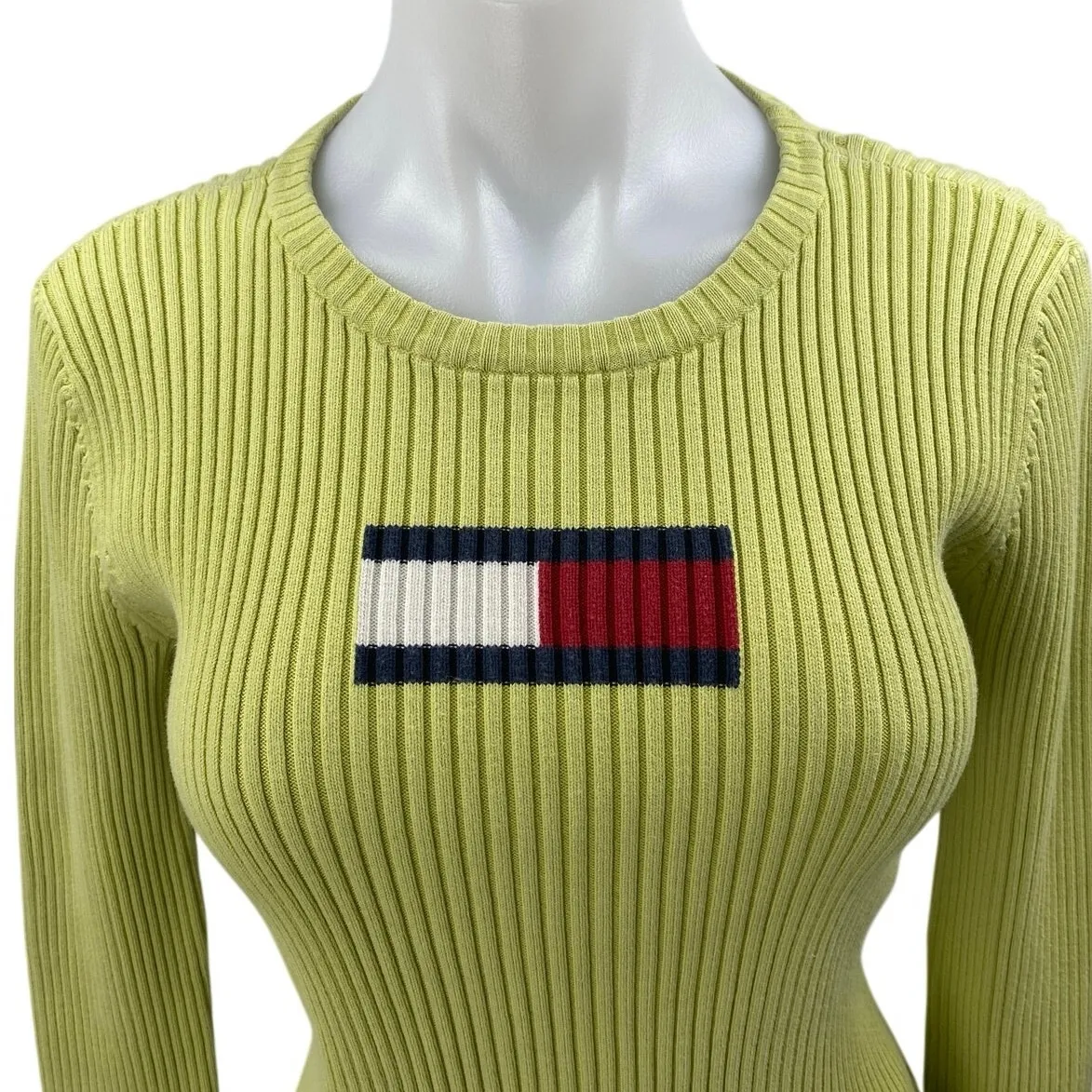 Tommy Hilfiger Womens Green Ribbed Knit Logo Long Sleeve Slim Sweater Top Size S - Image 3