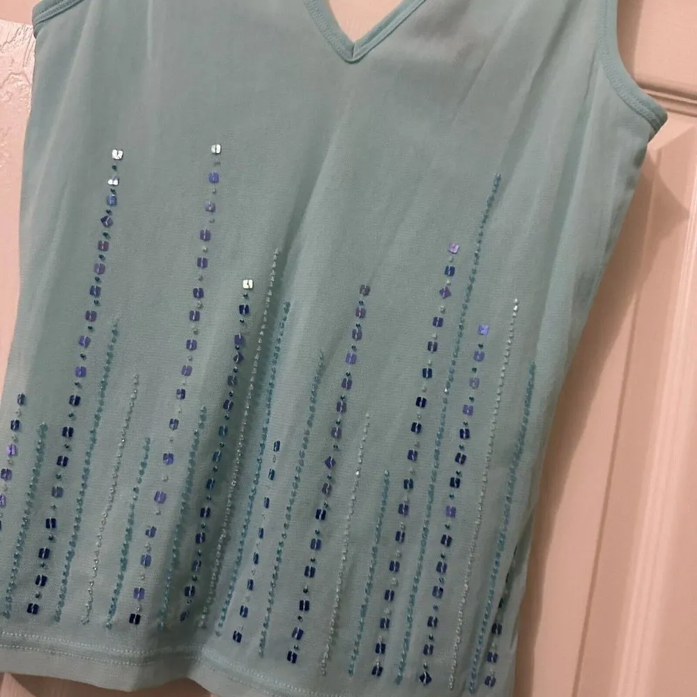Women’s Y2K Nylon The Limited Blue Sequin See Through Tank Top Shirt Sz M Medium - Image 5