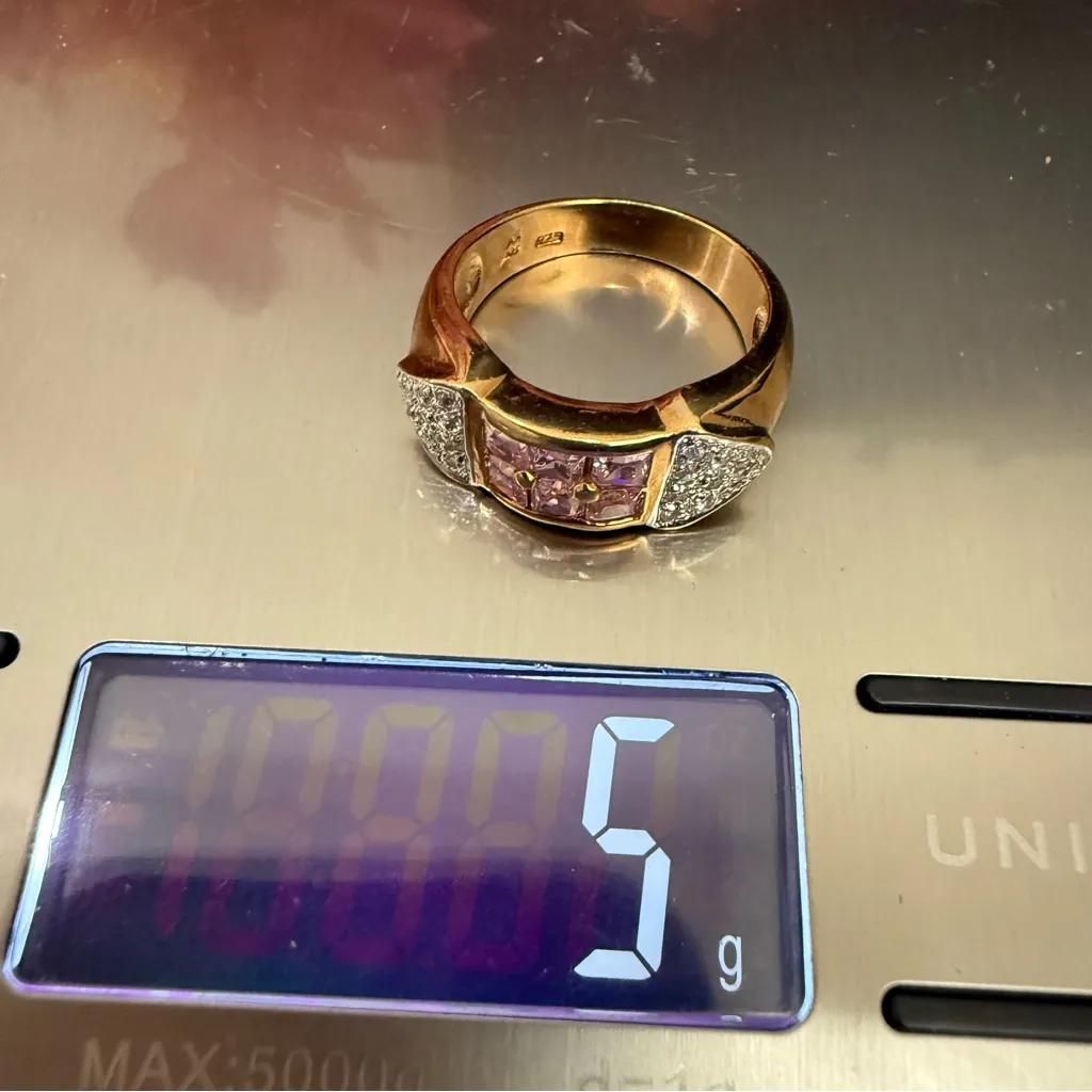 Vintage RF Peak 925 Gold Over Silver Six Row Pink CZ Clear Pave Ring Size 8 5g. - Image 11