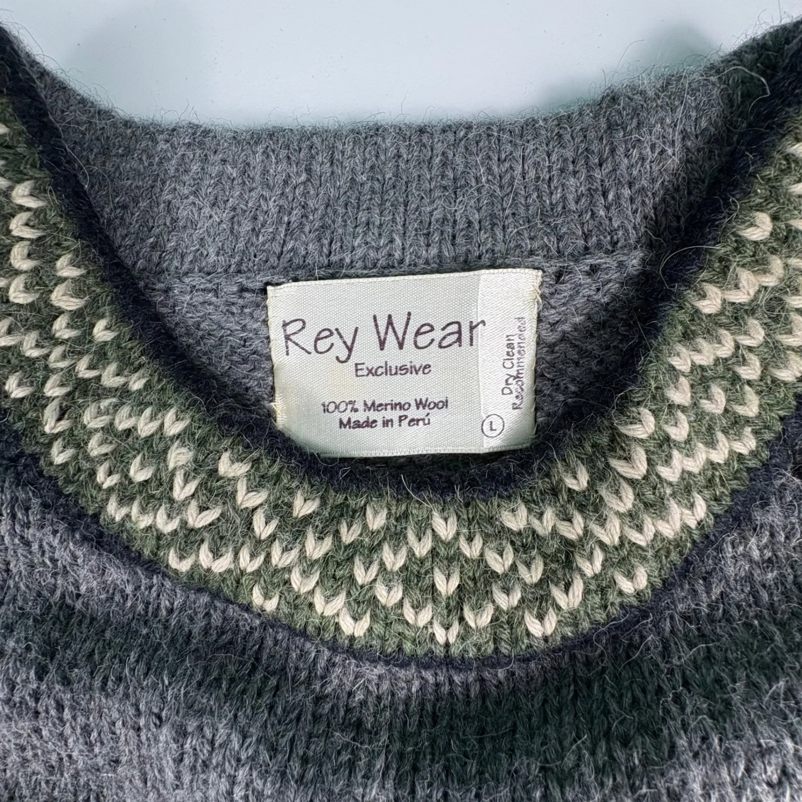 Rey Wear 100% Merino Wool Sweater Women's L Grey Nordic Fair Isle Knit Pullover Gray Size L - Image 5
